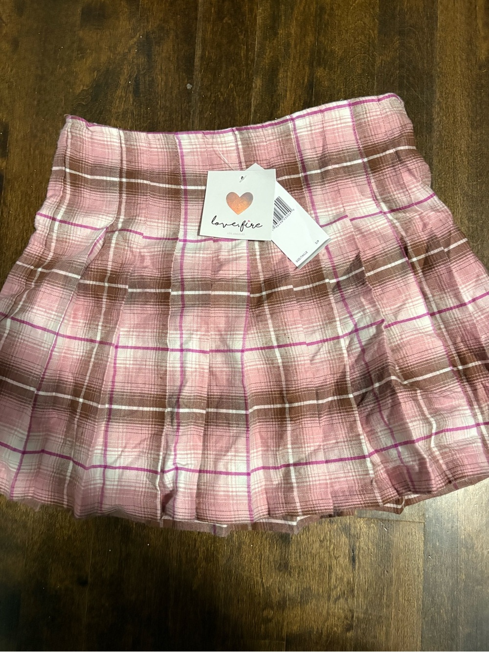 love, fire Pink and Brown Plaid Pleated Mini Skirt